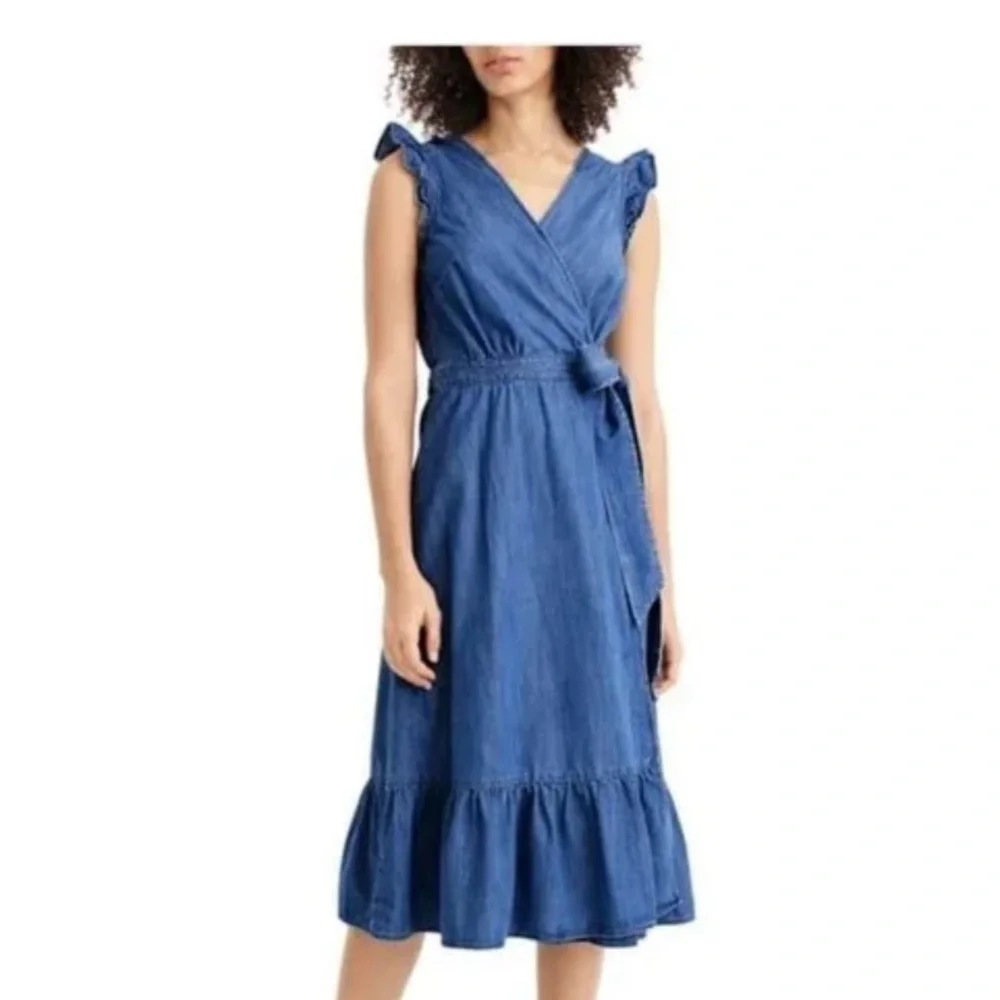 J Crew Denim Dress Chambray Wrap Dress Ruffle Sleeveless Blue Jean sundress
